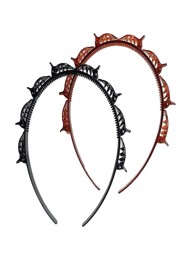 Bwexxt 2Pcs Black and Brown Double Bangs Hairstyle Hairpin Headband With 8 Small Clips Double Layer Twist Plait Hair ,Women's Fashion Headbands Clip with Toothed Hairs Bands Braid Tool Hair Accessories - Image 1